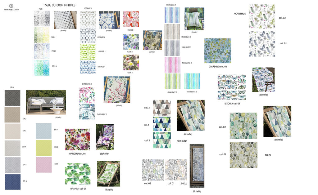 Planche d'ambiance recherche tissus coussins extérieurs